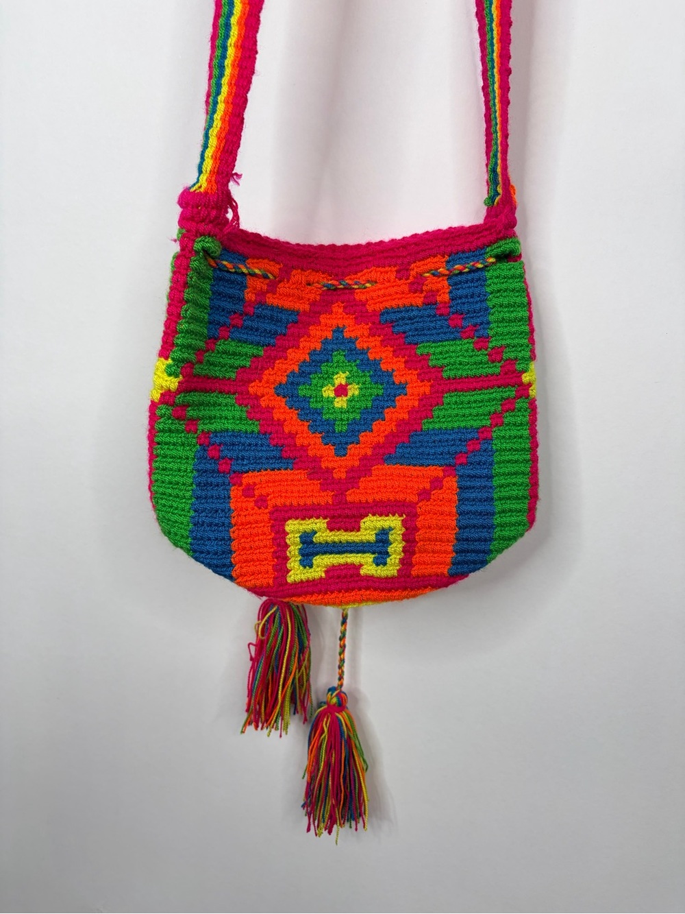 Handcrafted Multicolor Crochet Crossbody Bag - Bright Pink & Green